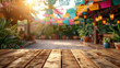 Empty wooden table top on mexican Cinco de Mayo festival background at sunset