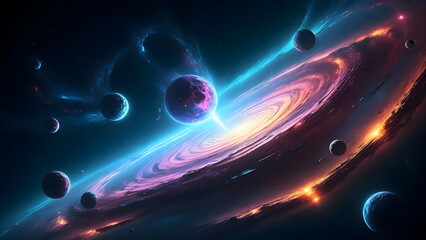 Wall Mural - Cosmic illustration of vibrant Spiral galaxy, asteroid, planet background
