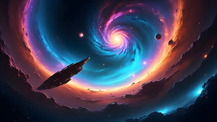 Wall Mural - Cosmic illustration of vibrant Spiral galaxy, asteroid, planet background