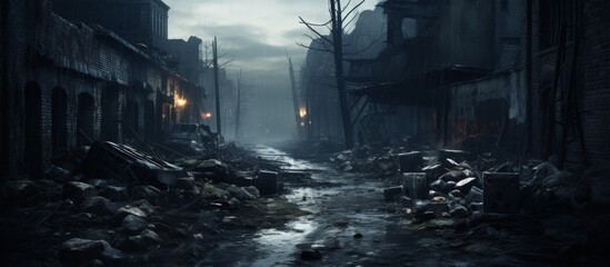 Poster - A gloomy cityscape with a river cutting through the dark street, surrounded by buildings under a cloudy sky. The sound of water mingling with the wind creates an eerie atmosphere