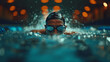 Close up of a Young man wearing a swimming cap and goggles He is competing fiercely in swimming in the pool