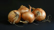 A bunch of ripe onions rest on a dark background, their papery skins and fresh roots highlighted.