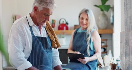 Wall Mural - Old couple, cooking and tablet or online search in kitchen or planning for meal prepare, nutrition or dinner. Man, woman and internet recipe at stove or healthy lunch for retirement, bonding or food