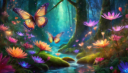 Wall Mural - Fantasy forest foliage with glowing flowers and butterflies as magical fairies.