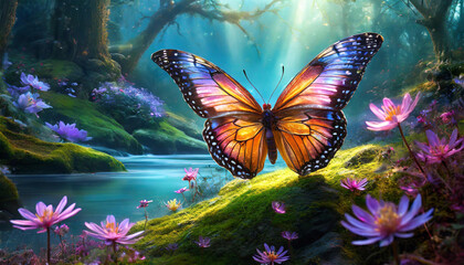 Wall Mural - Beautiful glowing fantasy butterfly in a magical landscape.