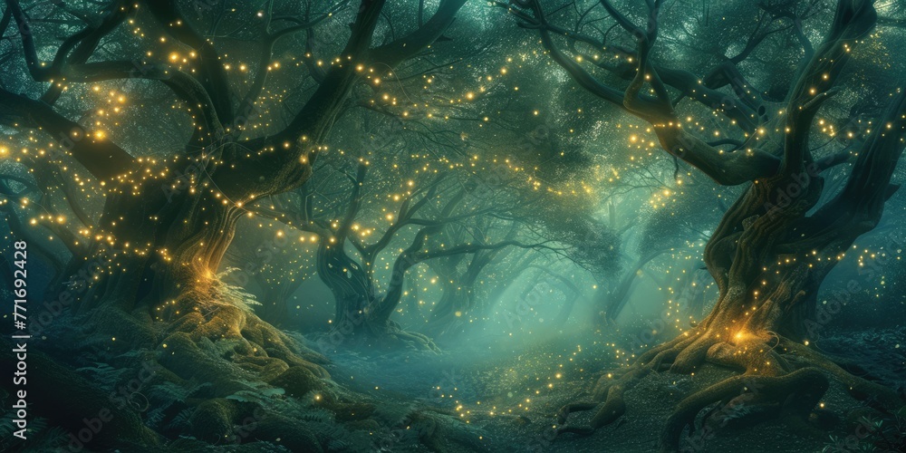 An ethereal twilight scene in a mystical forest, with trees adorned by ...