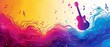 music background with iconic music symbols. on a vibrant rainbow gradient backdrop. colorful paint splash.