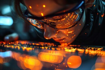 An individual focusing on a screen with code reflections on their glasses, signifying concentration and technology