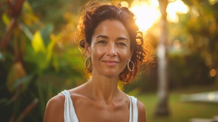 Portrait of a woman with curly hair enjoying a sunset in a lush garden, radiating warmth and tranquility during a summer evening