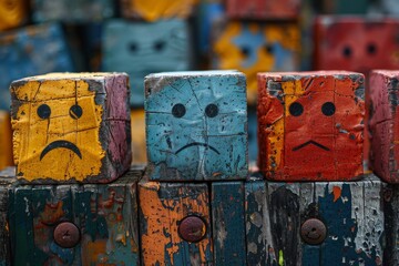 Close-up view of painted wooden blocks with sad and worried emoticon faces