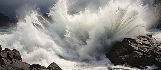 Sticker - A majestic cumulus cloud hangs in the sky as a large wind wave crashes against a rocky shoreline, creating a dramatic meteorological phenomenon