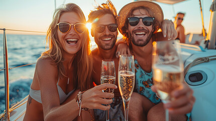 Happy friends having fun drinking Champagne at a yacht party