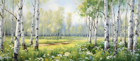 Canvas Print - An art piece depicting a birch forest with flowers in the foreground and trees in the background, showcasing a serene natural landscape with plants and grass in the meadow