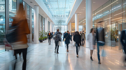 People rushing in the lobby. motion blur. Shopping mall with people walking in blurred motion