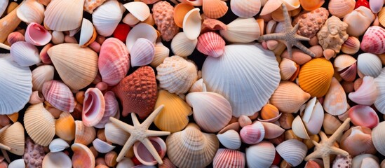 Poster - A collection of sea shells and starfish lies scattered like art on the beach, forming a natural circle of beautiful natural materials