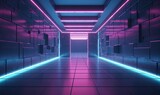 Fototapeta Przestrzenne - Virtual neon cyber tunnel background. Futuristic purple retro blank corridor in 80s style with led lines and electronic laser glow