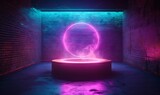 Fototapeta Przestrzenne - Neon brick room illuminated with ring in smoke background. Glowing 3d grunge hall with purple glow and concrete floor with realistic design for nightclub and bar