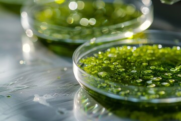 Wall Mural - This image showcases a close-up of multiple petri dishes containing green algae specimens under laboratory lighting