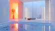 A clean and minimalist chamber adorned with bursts of vivid azure and tangerine, casting a radiant and inviting ambiance against the serene white backdrop