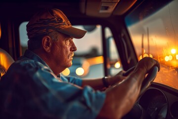 A focused truck driver navigates his vehicle at sunset, reflecting the daily grind and determination of this essential profession