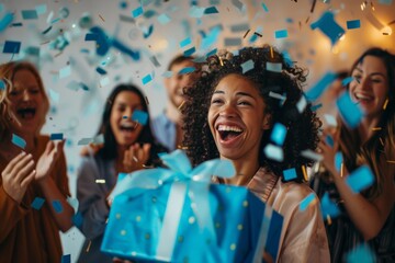 Wall Mural - Excited woman with tiara surrounded by friends at party, with confetti flying and joy all around