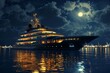: A large, luxurious yacht at night, reflecting the moonlight and harbor lights