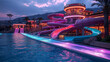 An enchanting night-time view of an aquapark illuminated by colorful lights, with water slides and pools glowing in vibrant hues, creating a magical and inviting atmosphere for eve