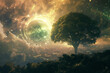 A cosmic event with a tree on a hill overlooking a city, capturing the majesty of the universe meeting urban life