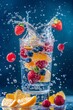 Fruit pieces falling into glass with mineral water, splash.