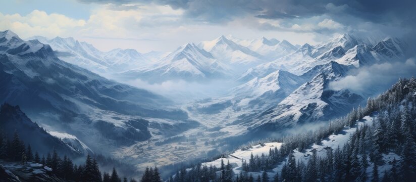 A natural landscape painting featuring a snowy mountain range with trees in the foreground under a cloudy sky, capturing the beauty of the snowy slope and horizon