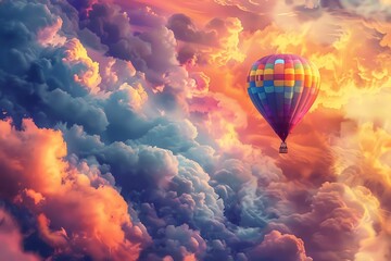 Wall Mural - : A majestic hot air balloon soaring through a vibrant sky filled with swirling clouds in impossible colors.