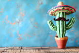 Fototapeta Przestrzenne - Cinco de Mayo holiday background with cactus in sombrero hat