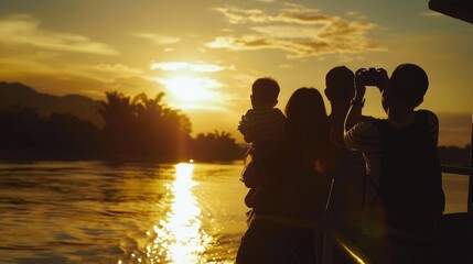 Wall Mural - silhouette of Happy family with camera sightseeing from tourist boat on river