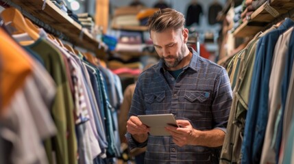 Wall Mural - Male workers with digital tablet checking inventory in clothing store