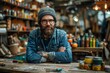© Larisa AI - Bearded male artist with folded arms standing confidently in a creative workspace full of tools