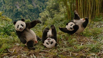 Sticker -  Pandas rolling in grass with bamboo trees and mountains in background