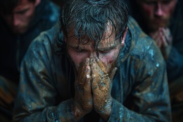 Wall Mural - The impactful image shows hands caked in mud, covering a face in a moment of visible despair