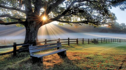 Poster -  A wooden bench, nestled under a tree, sits atop a verdant field, adjoining a floral wonderland