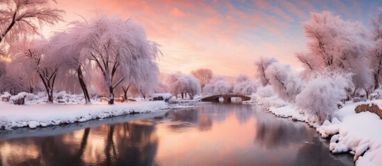 Wall Mural - A scenic natural landscape with a river reflecting the colors of the sunset, surrounded by snowcovered trees and a bridge under a sky filled with cumulus clouds