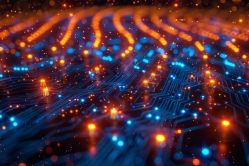 Wall Mural - A mesmerizing close-up view of a circuit board pattern with glowing energy points symbolizing connectivity and high-tech systems