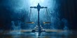 Symbol of Justice: Scales in a dim courtroom representing equality and the law. Concept Justice, Law, Scales, Courtroom, Symbol