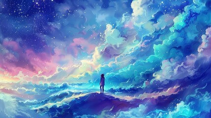 Poster -  A portrait atop a hill amidst a blue canvas adorned with clouds and stars