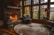 : A rustic cabin living room featuring a stone fireplace and a cozy reading nook nestled in a window alcove. A woven rug and plush armchairs create a warm and inviting atmosphere for relaxation.