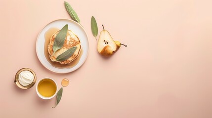 Poster -  A white plate bearing pancakes, tea, and pear, set against a pink backdrop