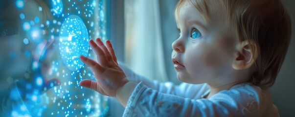 A baby reaching out to touch a blue digital orb, capturing the early interaction with technology