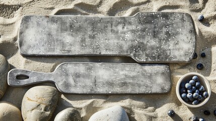 Poster -  A duo of pan sits atop a sandy shore beside a blue rock/pebble bowl