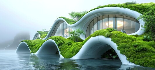 futuristic green-roofed architecture on waterfront. eco-friendly building with living roof by the la