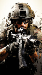 Wall Mural - Soldier in Combat Gear Aiming Rifle

