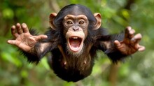  A Photo Of A Monkey Mid-jump, Showing Its Face And Outstretched Arms