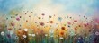 An artistic representation of a meadow filled with colorful flowers under a clear blue sky, capturing the beauty of natures landscape